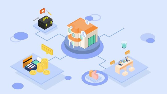 Smart Home Finance Management: An isometric illustration depicting a smart home at the center, connected to various financial elements like a credit card reader, coins, a briefcase.