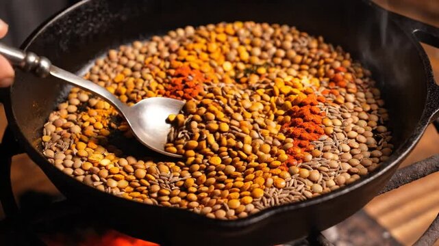 Chef stirring spices and lentils in a cast iron skillet over a hot flame, preparing a delicious vegetarian meal