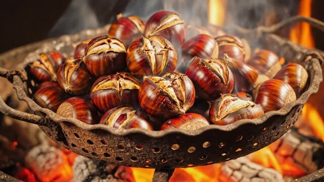 Close-up shot of roasted chestnuts in a metal pan over a roaring fire, steaming and ready to eat
