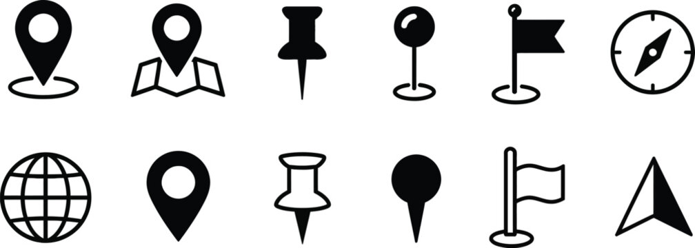 Map Navigation and Location Marker Icon Set &ndash; Black Vector Push Pins, Flags, and Compass Icons. Minimalist Map Pointer and GPS Location Icon Collection &ndash; Black Silhouette and Outline UI Symbols