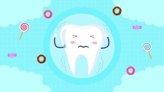 Toothache and Candies: A cartoon tooth with a sad face is surrounded by candies, depicting the pain of tooth decay caused by sweets.
