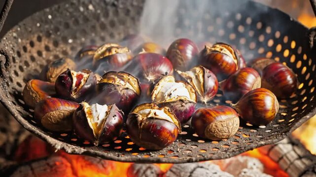 Close-up of freshly roasted chestnuts steaming in a metal roasting pan over a crackling fire