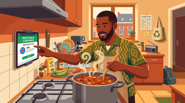 African Man Sending Digital Remittance While Cooking in Kitchen