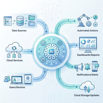 AI Workflow Process Diagram Showing Data Sources Cloud Automation and Analytics