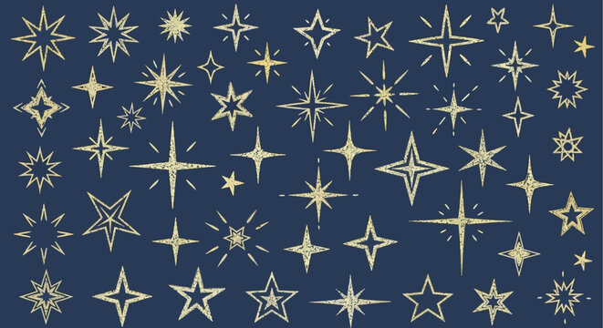 seamless pattern of distressed golden stars and starbursts sparkling on a dark blue background ideal for festive holiday design and celestial themes.