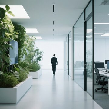 観葉植物が多数配置されたモダンでクリーンなオフィスの廊下を歩くスーツの男性の後ろ姿、ワークスペースのコンセプトイメージ