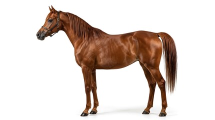 Fototapeta premium A brown horse stands isolated on a white background looking sideways.