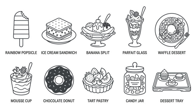 Collection of delicious desserts and sweets, including ice cream, donuts, and pastries, presented in a clean, illustrative style.