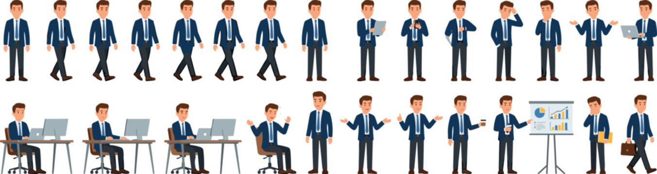 Cartoon Vector Businessman Character Pose Set with Office Work Walking Gestures and Presentation Scenes