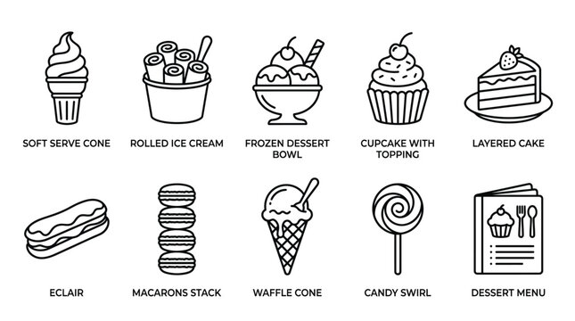 Collection of delicious desserts and sweet treats in a simple line art style.