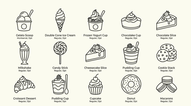 Collection of delicious desserts and sweet treats in a simple line art style.