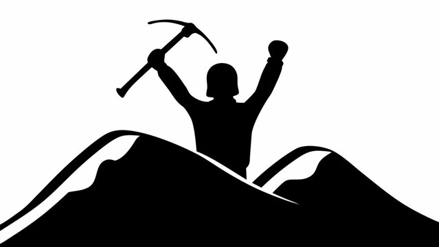 Silhouette of a mountain adventurer raising an ice pick on a snow covered peak in a bold minimalist style with high contrast black and white for outdoor activity and exploration