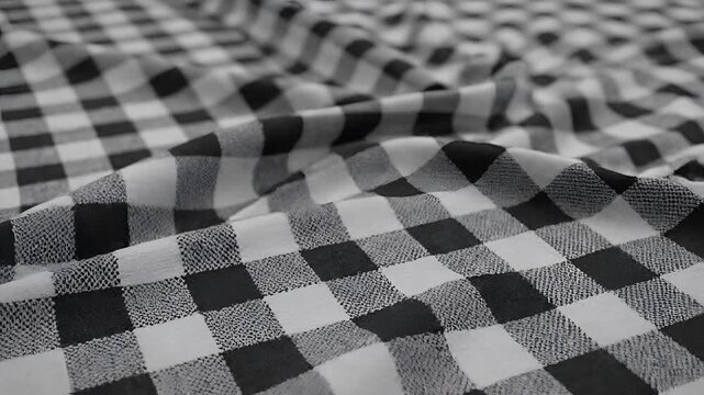 Black and White Gingham Fabric Texture Closeup Slow Motion.