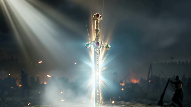 Sword of the Spirit glowing with divine light planted in stone, Armor of God faith concept, cinematic 4K loop
