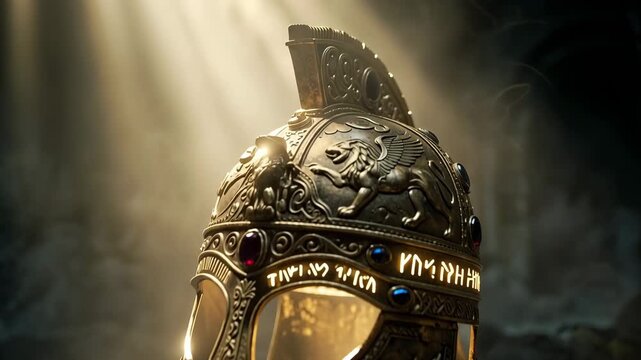 Helmet of Salvation glowing with divine golden light, Armor of God Christian faith concept, cinematic 4K loop