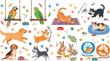 Cute Pet Animals Playing with Accessories Set featuring Parrots, Cats, Dogs, Rabbits, and Hamster with Toys, Bowls, and Beds in Flat Style © MdImran