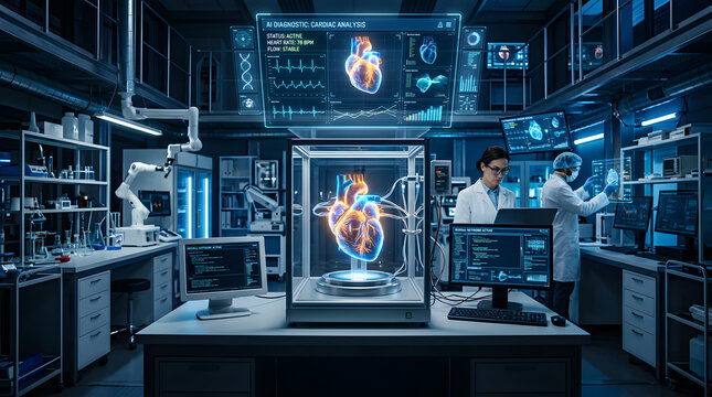 Researchers monitoring bio-printed heart in dark futuristic lab.