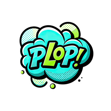 cartoon sound effect word plop with splashing bubbles isolated on transparent background