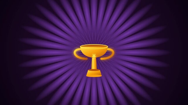 Golden Trophy Cup Animation Sequence on Purple Radial Background Featuring Confetti Particle Effects for Achievement Award Ceremony and Gaming Victory Celebration Visuals