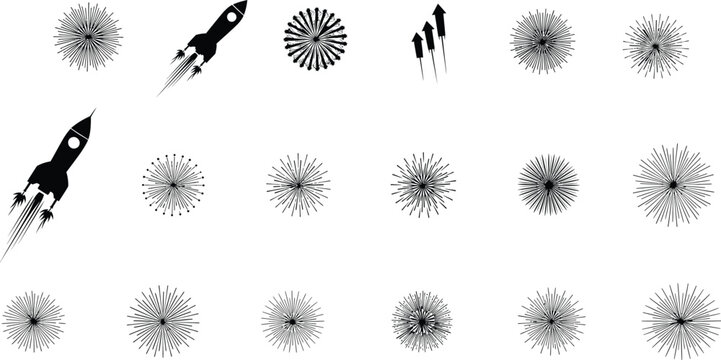 Grid of black and white stylized firework bursts and rocket keywords: fireworks, rocket