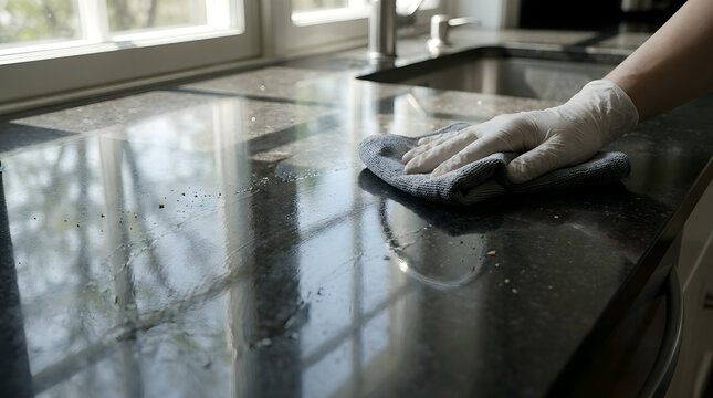 Person wearing a protective glove cleaning a dark granite kitchen countertop with a soft cloth cleaning countertop sanitizing housework household