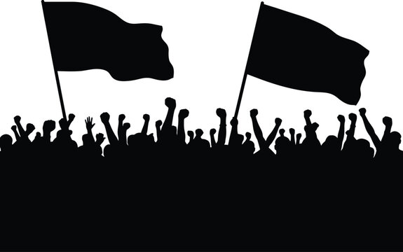 Silhouette of crowd with raised fists and two black flags waving
