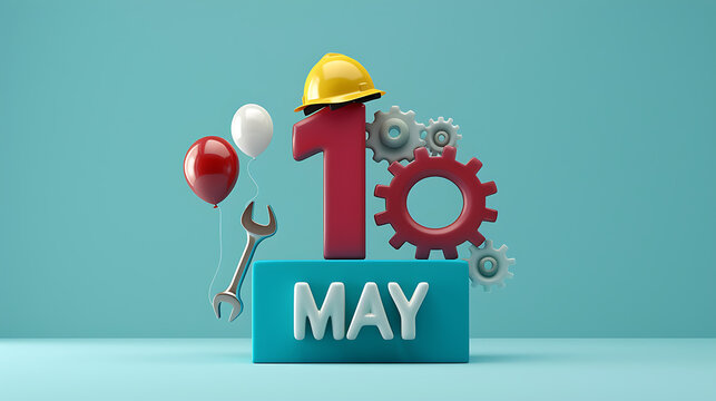 International Workers Day social media post template featuring 3D claymorphism 1 MAY typography tools and balloons with copy space for greeting cards