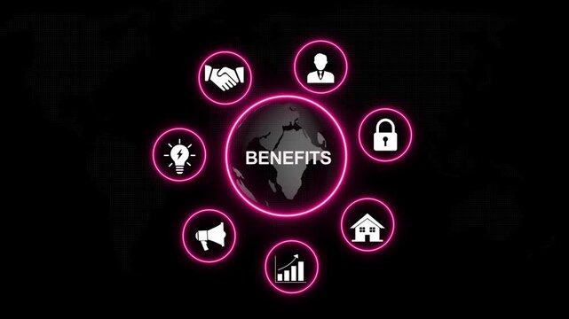 Global business benefits infographic animation featuring rotating neon for corporate strategy, financial growth, digital security, marketing solutions, and networking concepts on dark map