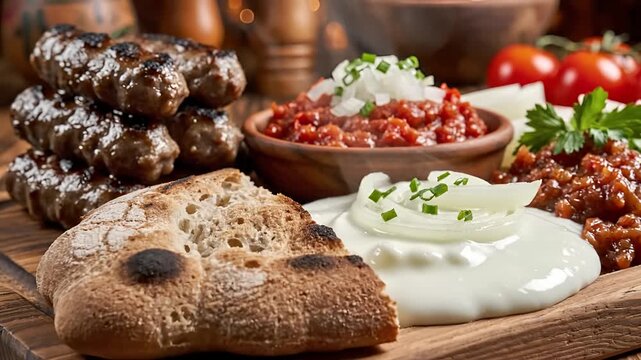 Delicious Balkan Food Platter with Grilled Meat and Fresh Bread.