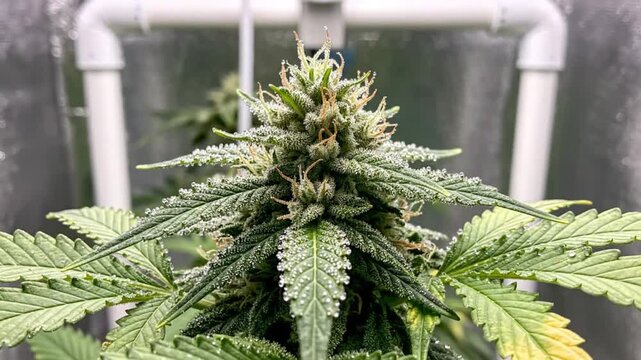 Close-up of a frosty cannabis bud growing inside a grow tent with white PVC piping