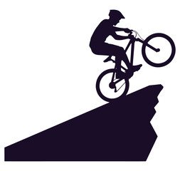 Naklejka premium Man riding a bicycle down a steep ramp performing a stunt
