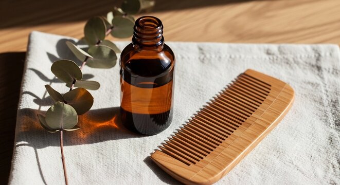 Natural hair care routine with essential oil in an amber bottle and a wooden comb.