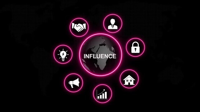 Dynamic global influence concept animation featuring rotating business digital marketing symbols, and corporate growth strategy on a sleek dark map background, for presentations