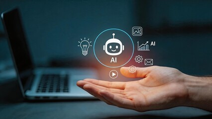 Fototapeta premium Artificial intelligence AI innovation concept with robot icon and lightbulb symbol, hand presenting digital technology solutions, machine learning automation and smart data