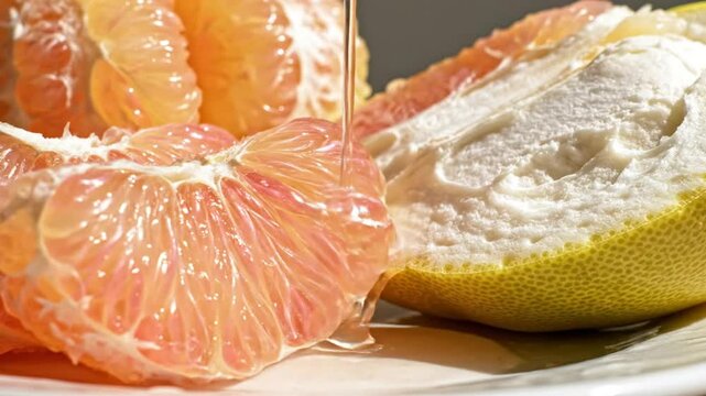 Close up view of fresh peeled pomelo fruit pouring juice over its juicy, pink segments on a white plate