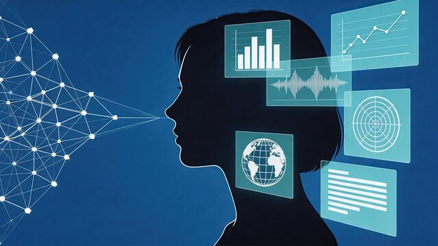 Silhouette of woman head profile with voice recognition sound wave data analysis charts graphs global network connection points information processing artificial intelligence