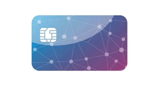 A modern smart card with an EMV chip, featuring a blue and purple gradient background with a digital network pattern, symbolizing secure transactions and connectivity.