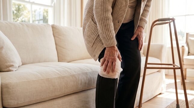 Elderly person with knee injury and bandage using a walker at home