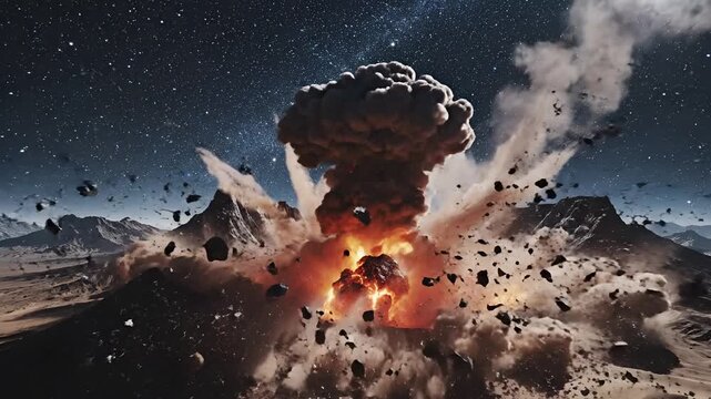 Dramatic asteroid impact event on a desolate alien planet with mountains and starry sky.