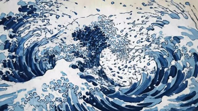 A large blue ocean wave crashing with white foam on a white background in a classic japanese woodblock style painting