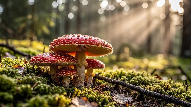 Enchanting Amanita Muscaria Mushrooms Bathed in Golden Forest Sunlight.