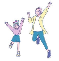 元気にジャンプするお母さんと女の子