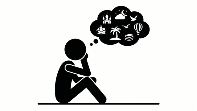 Stick figure man sitting and daydreaming with thought bubble vector icon