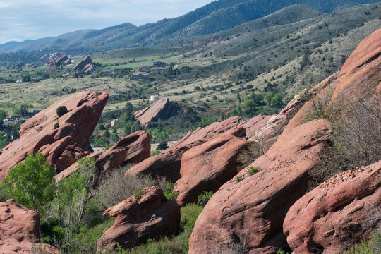 Rock formations fade into the distance as seen from the Trading Post Trail at Red Rocks Park and Ampitheatre in Morrison, Colorado
