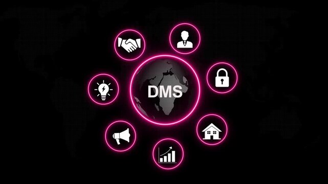 Dynamic document management system dms concept featuring rotating global business and neon glowing interface for corporate data security, digital transformation, and workflow solutions