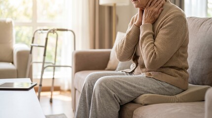 Obraz premium Senior woman sitting on couch holding neck while suffering from pain