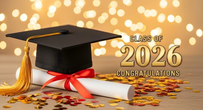 Graduation cap and diploma with confetti for class of 2026 celebration