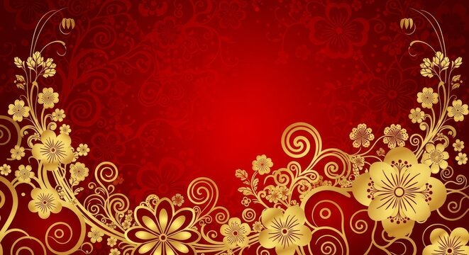 Chinese pattern golden floral swirls and ornate decorative frame on deep red background