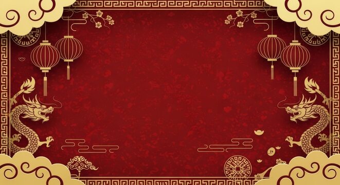 Chinese pattern traditional red and gold chinese new year festive frame with dragons and lanterns