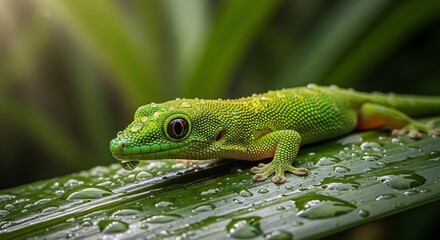 Fototapeta premium Emerald Jewel: A Dew-Kissed Gecko Awakens